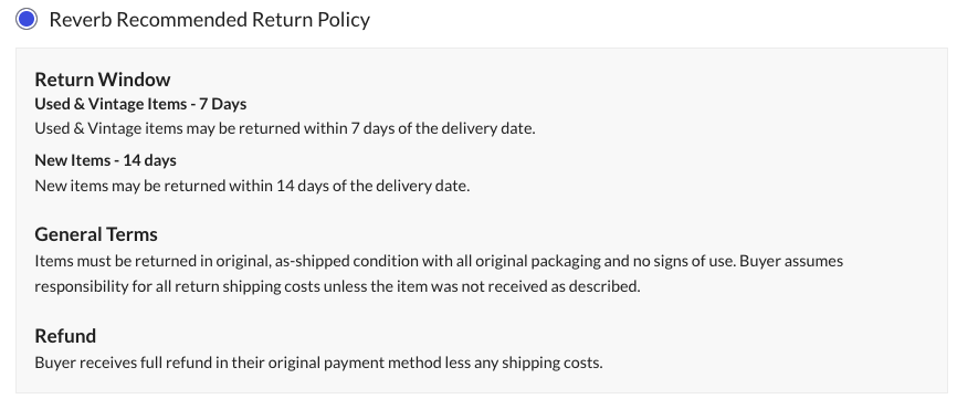 Reverb Recommended Return Policy