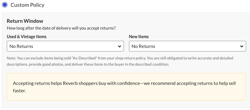 Custom Policy set for No Returns